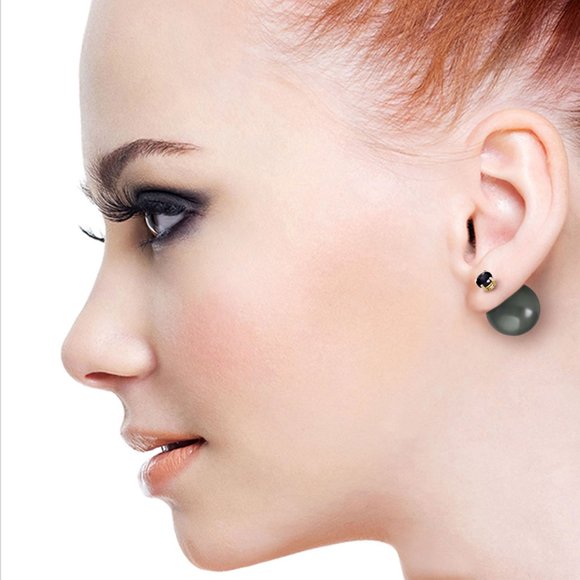 14K. SOLID GOLD STUD 1.0 CT. NATURAL BLACK DIAMONDS & BLACK SHELL PEARL EARRING - Picture 2 of 6